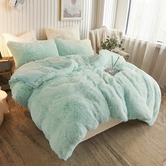 Plush Shaggy Lux Duvet Cover Set of 3 Soft Velvet Mint Green NWT